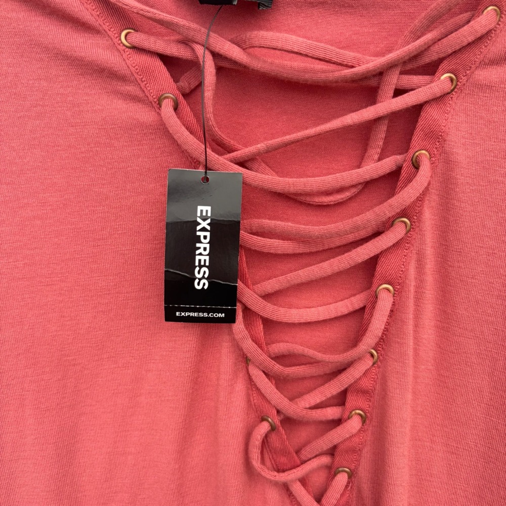 Express Womens Lace Up V-Neck Choker Top Coral Pink Short Sleeve S NWT - Picture 5 of 8